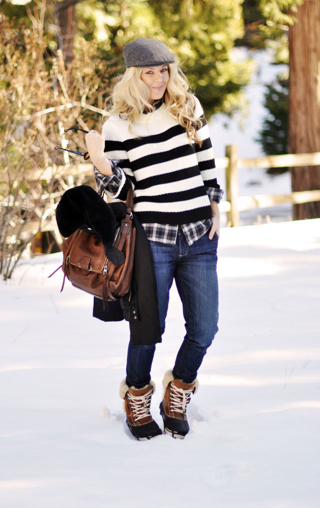 1 winter style - newsboy cap-stripes-plaid-jeans-brown and black-duck boots- cute crocs snow boots