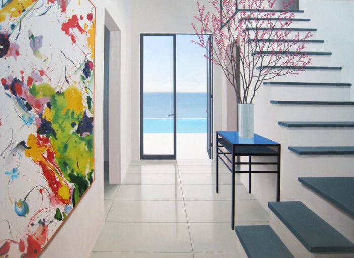 sam francis painting in a house with stairs and ocean view, a painting of a painting