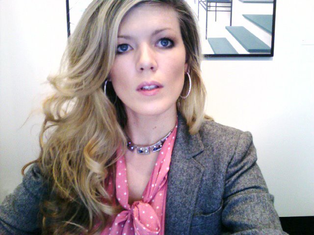 blonde hair 2008, pink 70s blouse with gray blazer