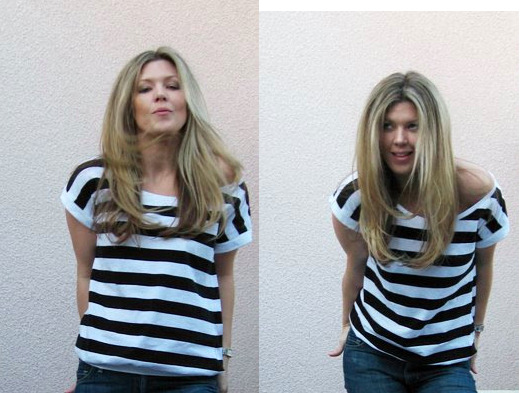 natural blonde hair, striped shirt, blonde