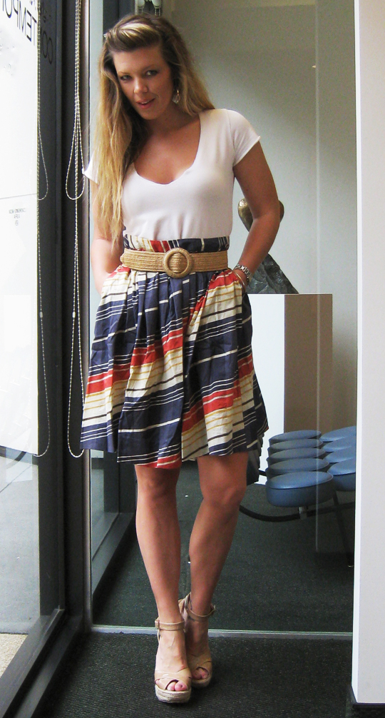 high waist belted skirt, jimmy choo espadrilles, 2009 spring outfit, long dirty blonde hair, striped-skirt