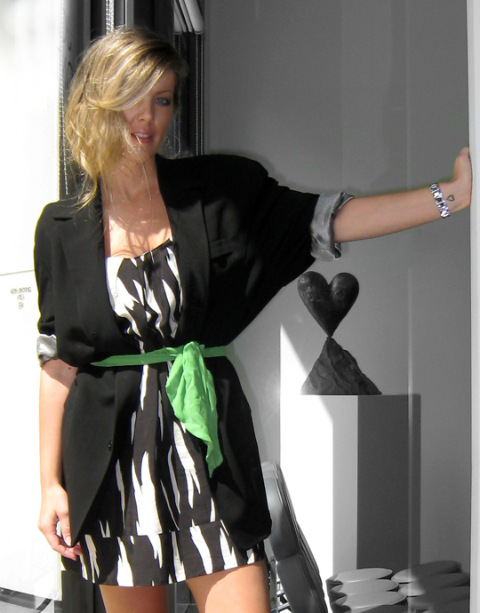 black and white dress with oversized blazer and green sash