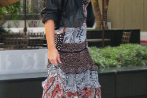 big curls-floral maxi dress-leather jacket