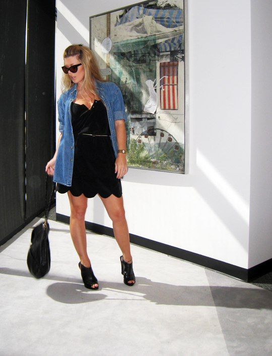 black silk dress scalloped hem with denim shirt