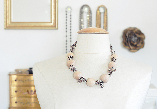 diy wooden bead and leopard print scarf necklace