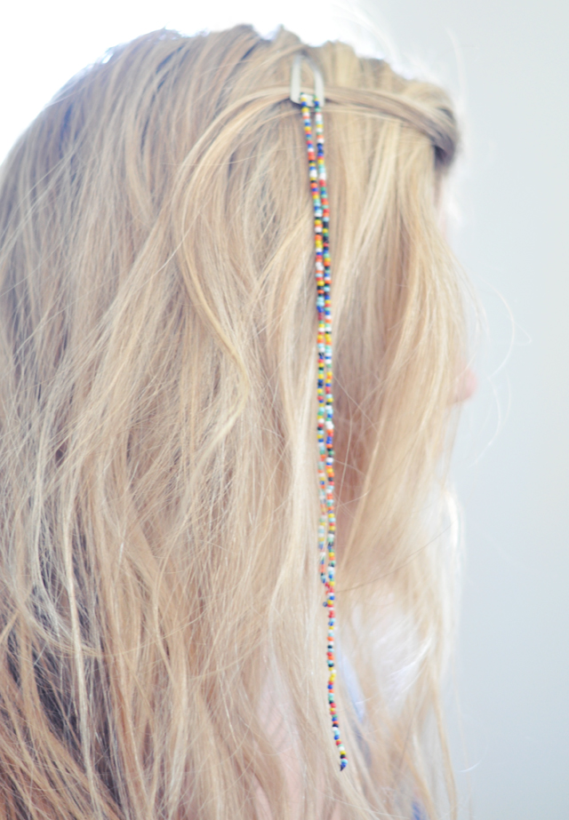 DIY beaded hair clip-hanging seed beads in blonde hair