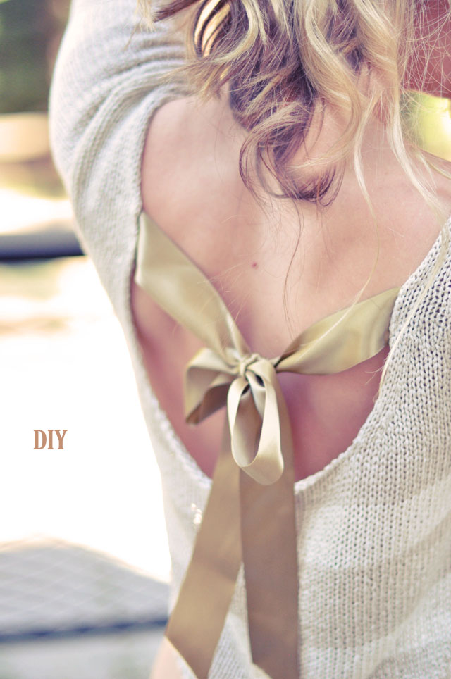 pretty sweater DIY with open back and satin bow tie DIY