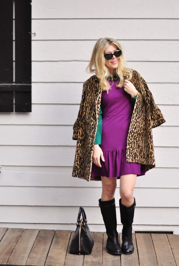 purple dress with leopard coat and boots for fall