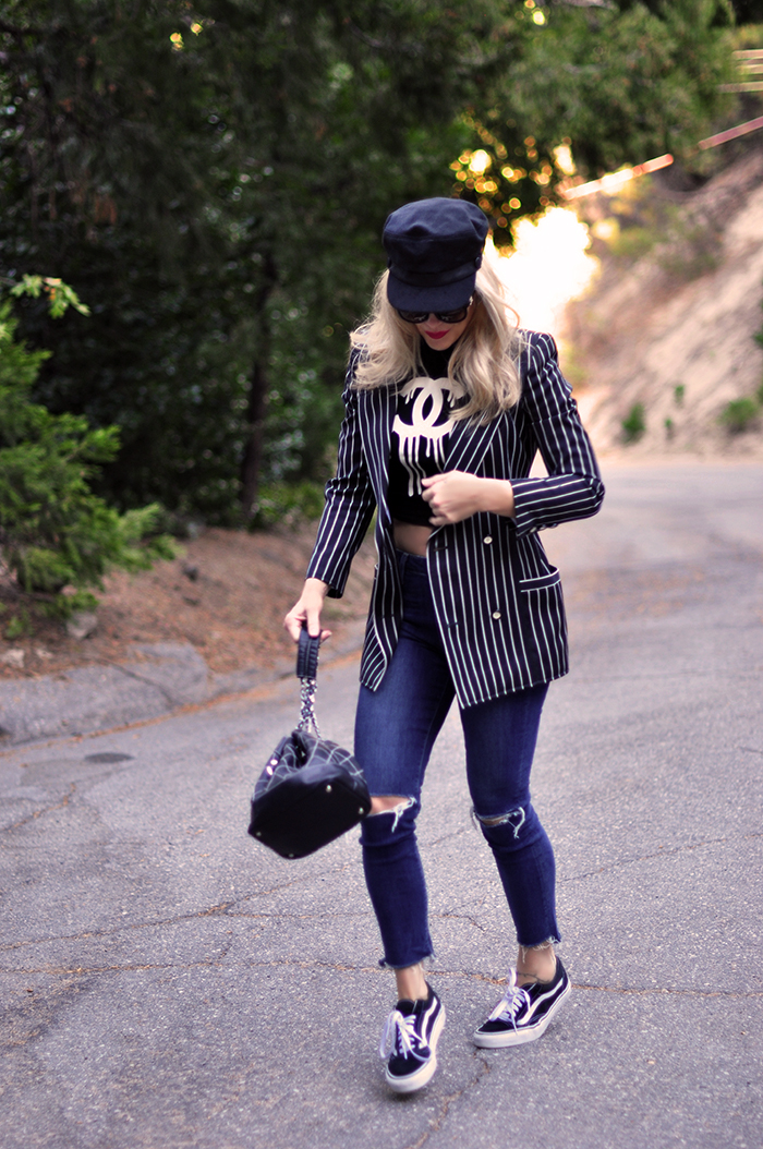 striped blazer, crop top, jeans, chanel bag, old skool vans, love maegan tintari