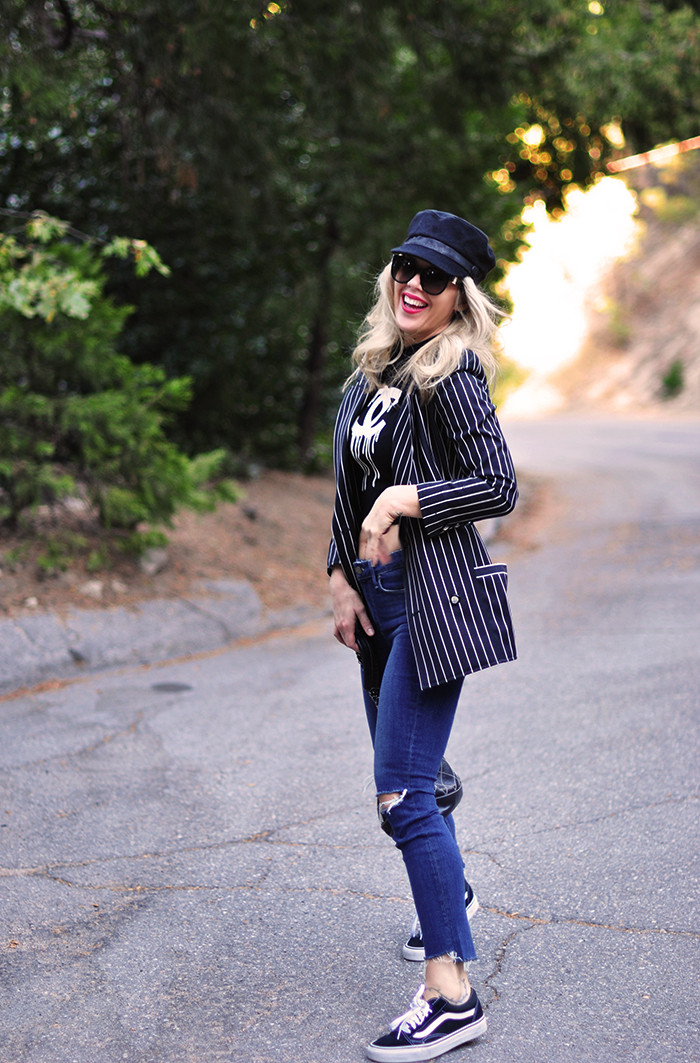 striped blazer, crop top, jeans, chanel bag, old skool vans, love maegan tintari