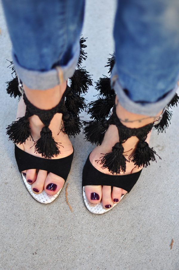 DIY Ankle Strap Sandals Heels with tassels - wine pedicure