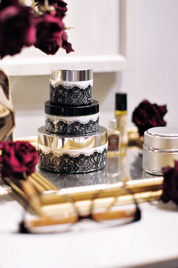 repurposing face cream jars to DIY Pretty Lace Containers