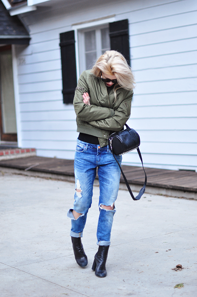 boyfriend jeans, bodysuit, bomber jacket