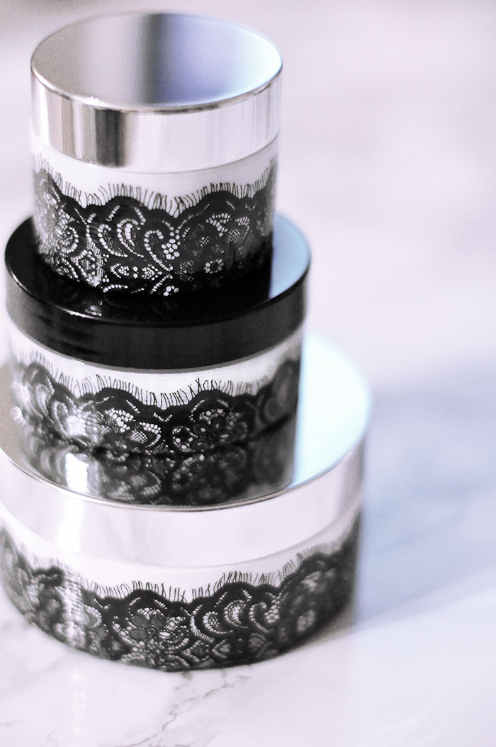 DIY, diyin, repurposing face cream jars into Pretty Lace Containers, black and white face cream jars, pretty jars, lace containers, diy organization