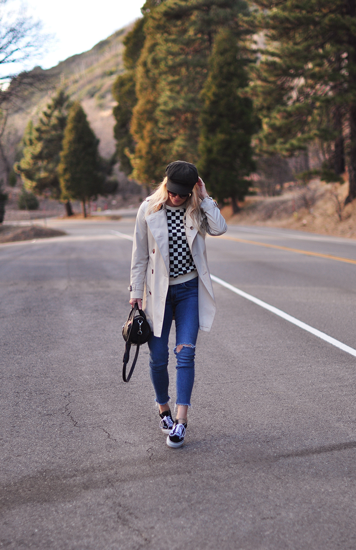 casual style-jeans and vans sneakers-burberry trench-hat - why 18 - on the rim in the mountains - lake arrowhead