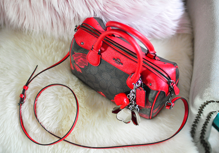 coach bag, cc logo, red leather accents and red roses