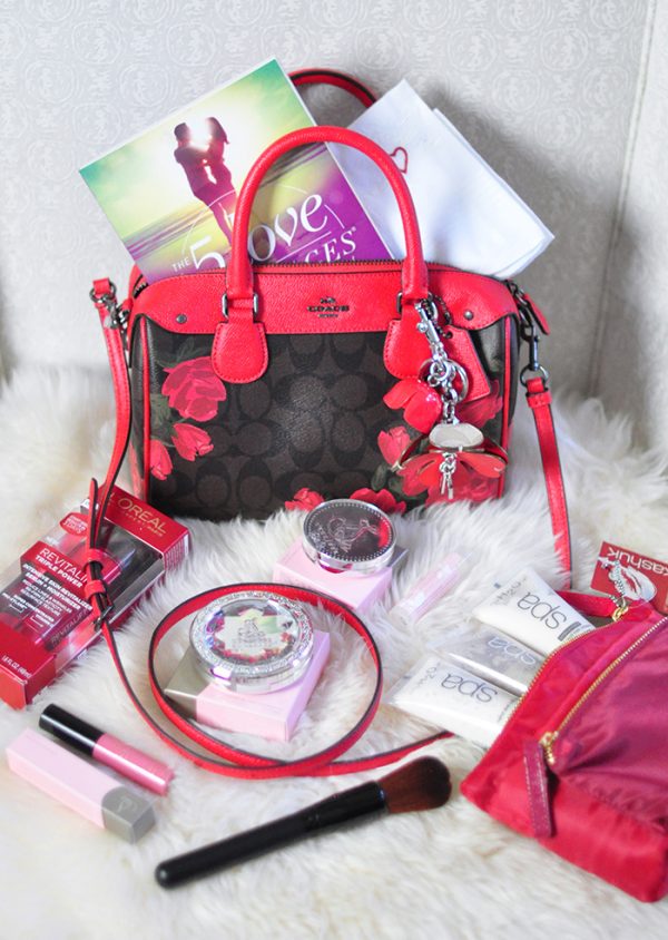 Coach Logo Bag with Roses and red leather accents - top duffel cross body bag - lovemaegan giveaway