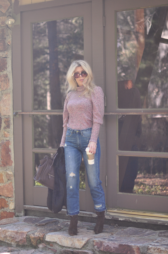 retro style-cropped high waist jeans-pink turtleneck with puff sleeves-70s-80s styles - love Maegan