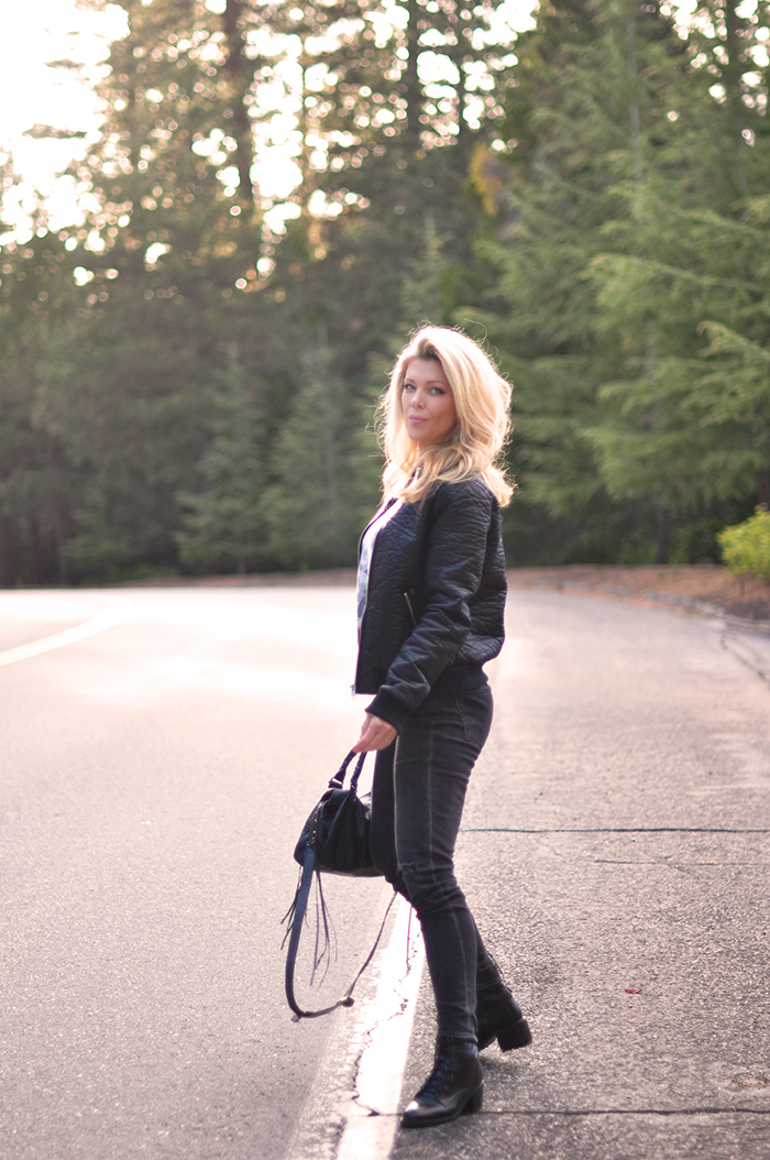 on the road, among the tall trees, in lake arrowhead, camo sweater, black jeans, easy style outfit, love maegan tintari