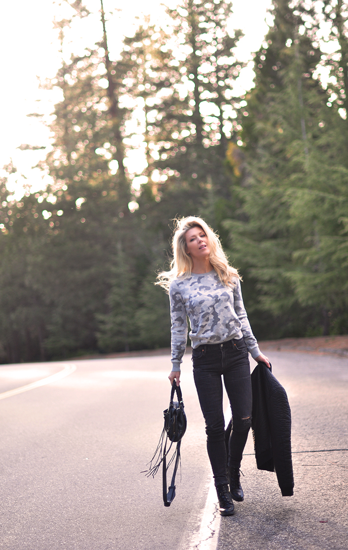 on the road, among the tall trees, in lake arrowhead, camo sweater, black jeans, easy style outfit, love maegan tintari