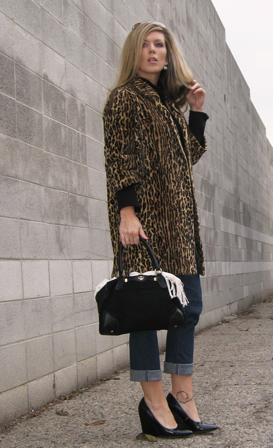 vintage leopard coat - gucci bag - cuffed jeans - black turtleneck - patent wedge pumps