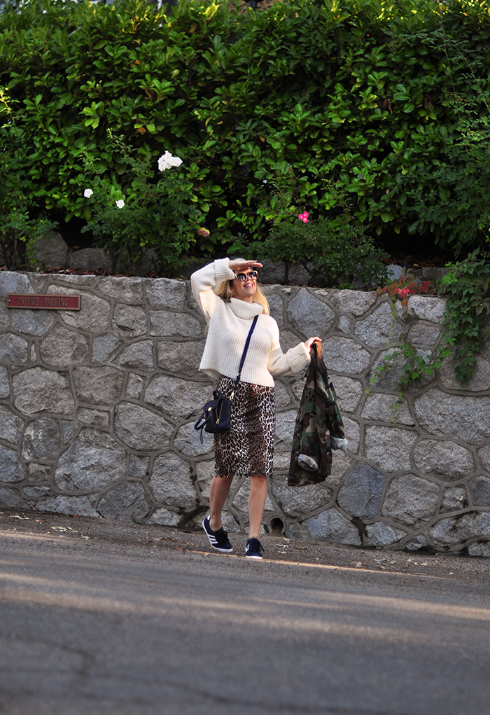 leopard skirt-cropped sweater-adidas sneakers-fall style-love maegan tintari