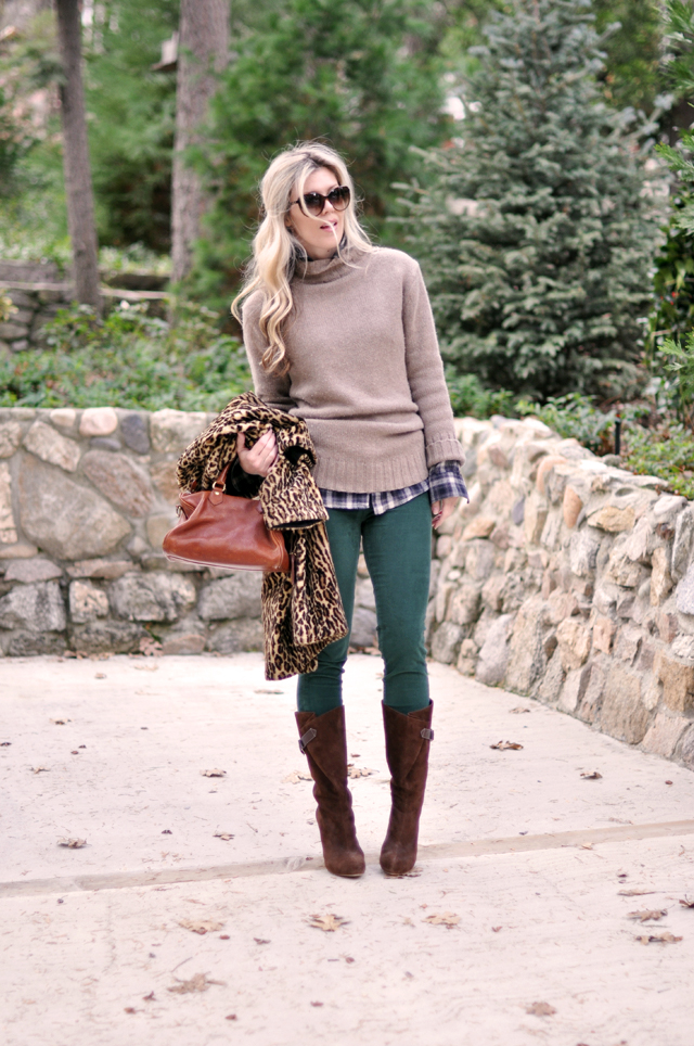 winter outfit- green cords- sweater-leopard and plaid