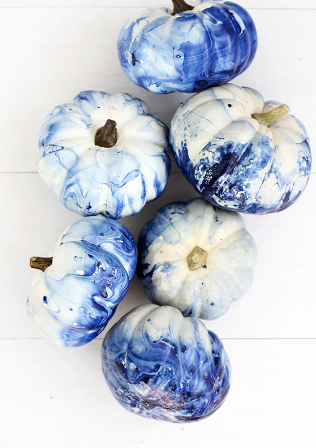 blue indigo marbled pumpkins diy