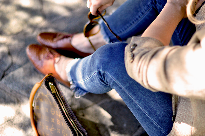 fall style, warm tones, lace ups, louis vuitton bag, jeans and a blazer