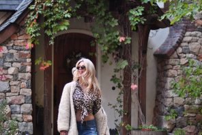 storybook house-boyfriend jeans -tied up leopard blouse-oversized cardigan-lace up flats-trotters shoes