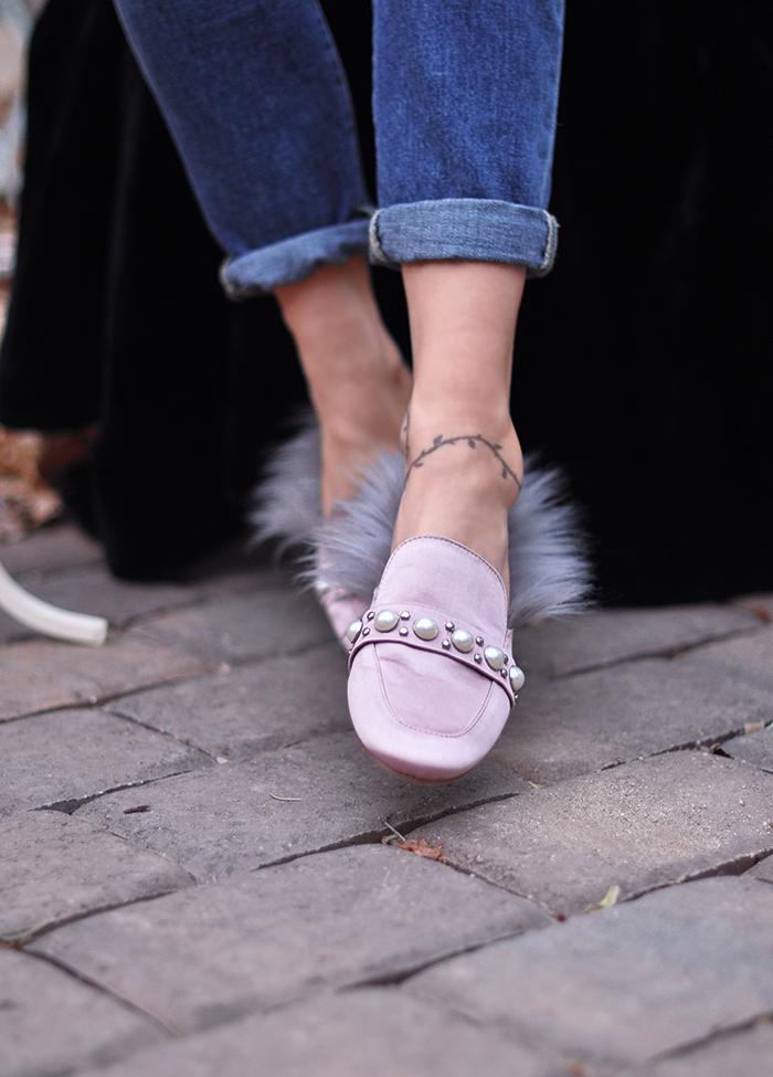 DIY Fur lined loafer slip ons - Gucci Princetown slippers with fur tutorial on pretty pink satin loafers with pearls