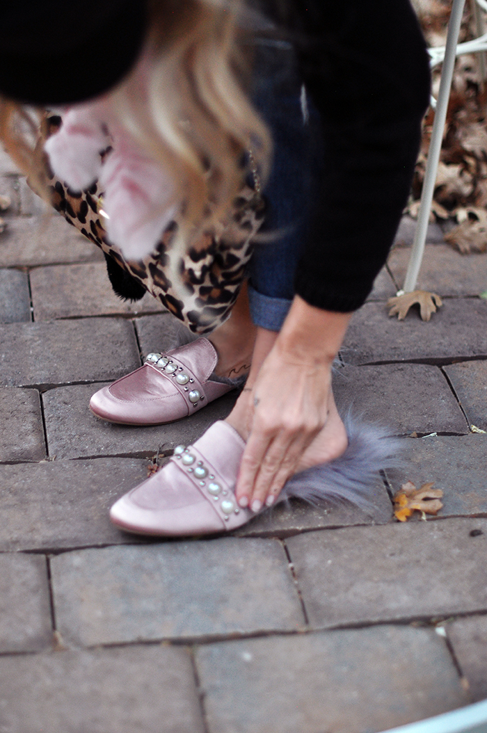 DIY Fur lined loafer slip ons - Gucci Princetown slippers with fur tutorial on pretty pink satin loafers with pearls