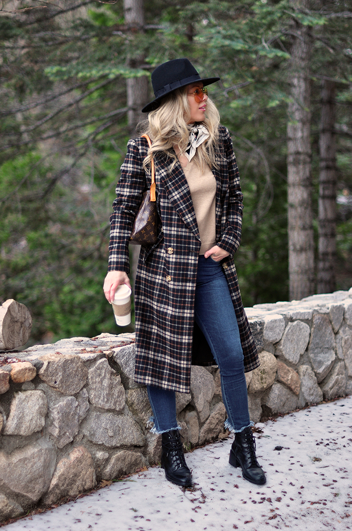 winter style, plaid coat, boots and jeans, silk scarf, louis vuitton bag, gucci oversized aviator sunglasses, black fedora hat - CA blogger style