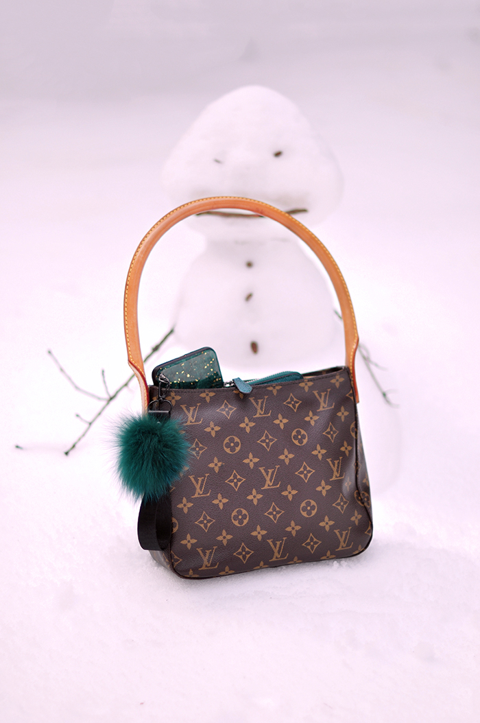 snowman, louis vuitton bag, green wallet and iPhone case with fur strap