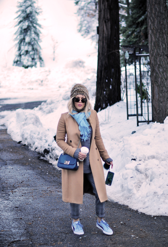 winter style in the snow, camel coat, plaid pants, sneakers with everything, love maegan tintari
