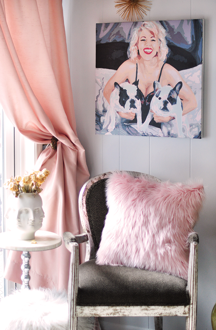 love maegan painting with french bulldogs inspired by Marilyn Monroe in home office