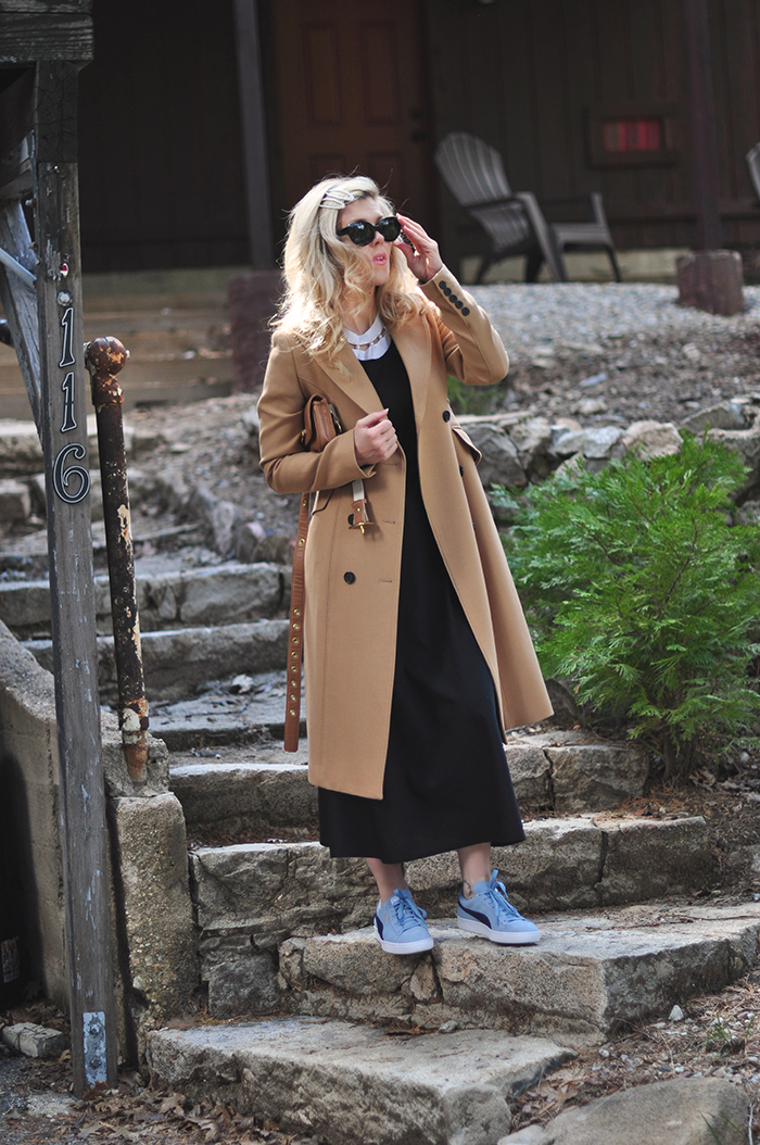 90s style-dress with t-shirt- puma sneakers-camel coat-hair clips