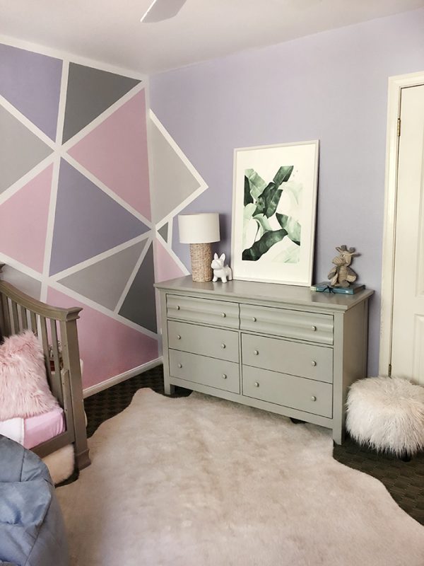 painted accent wall in little girls room - pink and purple and grey geometric triangle wall art DIY