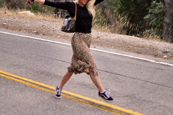 walkig the line-leopard skirt and sweater and sneakers