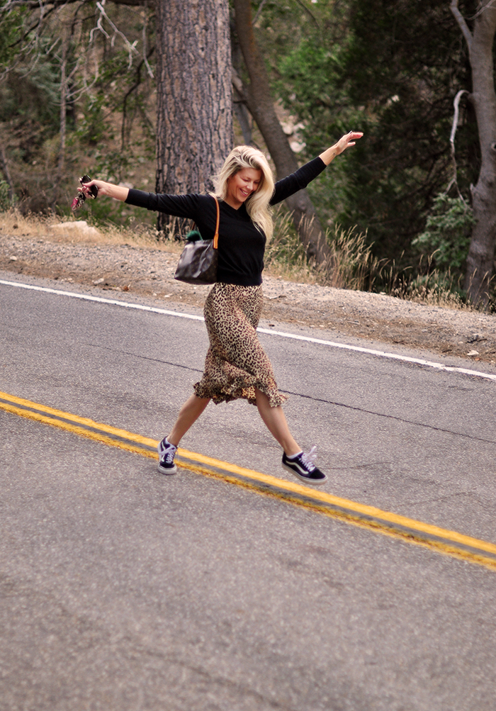 walkig the line-leopard skirt and sweater and sneakers