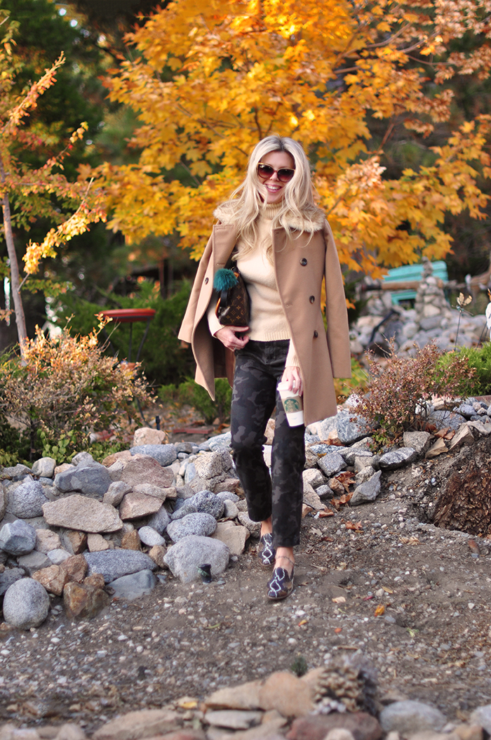 fall style-camo pants-snakeskin shoes-camel coat