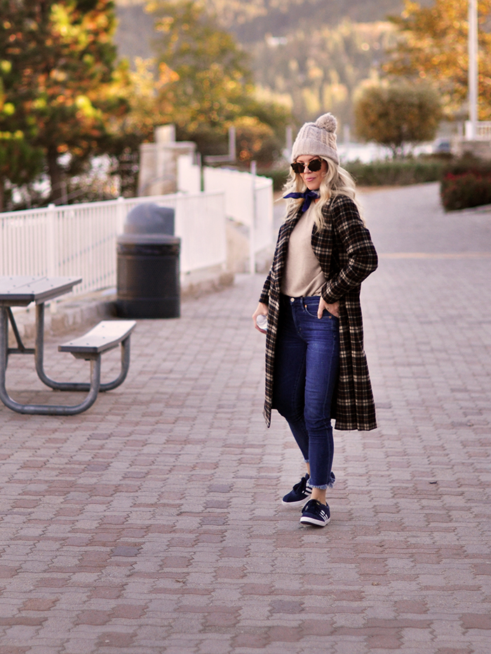 fall style on the lake - plaid coat and jeans