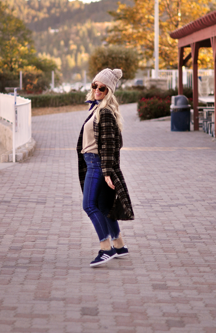 cozy casual fall style, plaid coat - jeans - adidas sneakers, lake arrowhead - love maegan