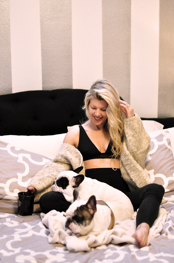 SKIMS bralette-yoga pants-cozy knit sweater-french bulldogs 