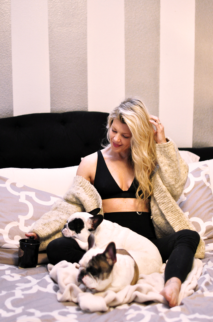 SKIMS bralette-yoga pants-cozy knit sweater-french bulldogs - striped walls