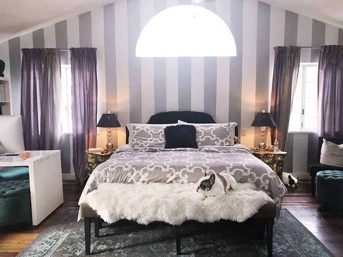 grey and white striped accent wall - glam master bedroom decor