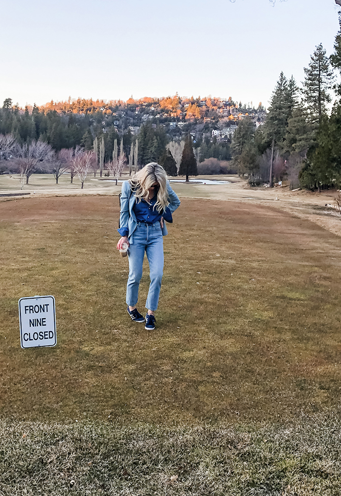 denim on denim look, vintage levis outfit, monochromatic blue outfit, quilted vegan leather backpack, late winter style, golf course lake arrowhead