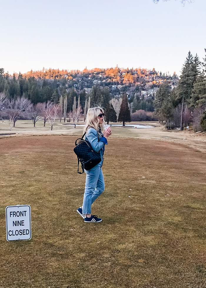 denim on denim look, vintage levis outfit, monochromatic blue outfit, quilted vegan leather backpack, late winter style, golf course lake arrowhead