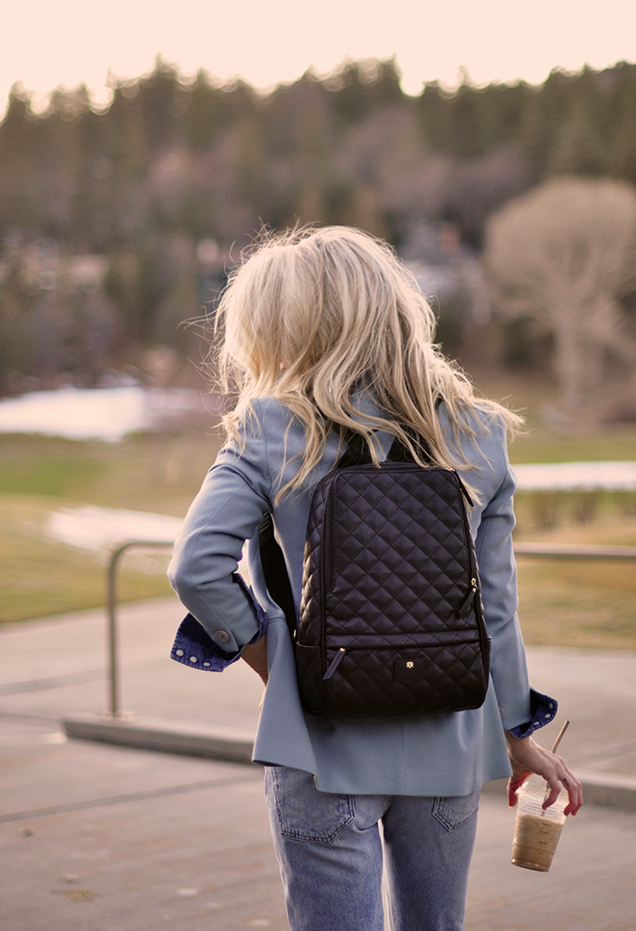 denim on denim look, vintage levis outfit, monochromatic blue outfit, quilted vegan leather backpack, late winter style, golf course lake arrowhead