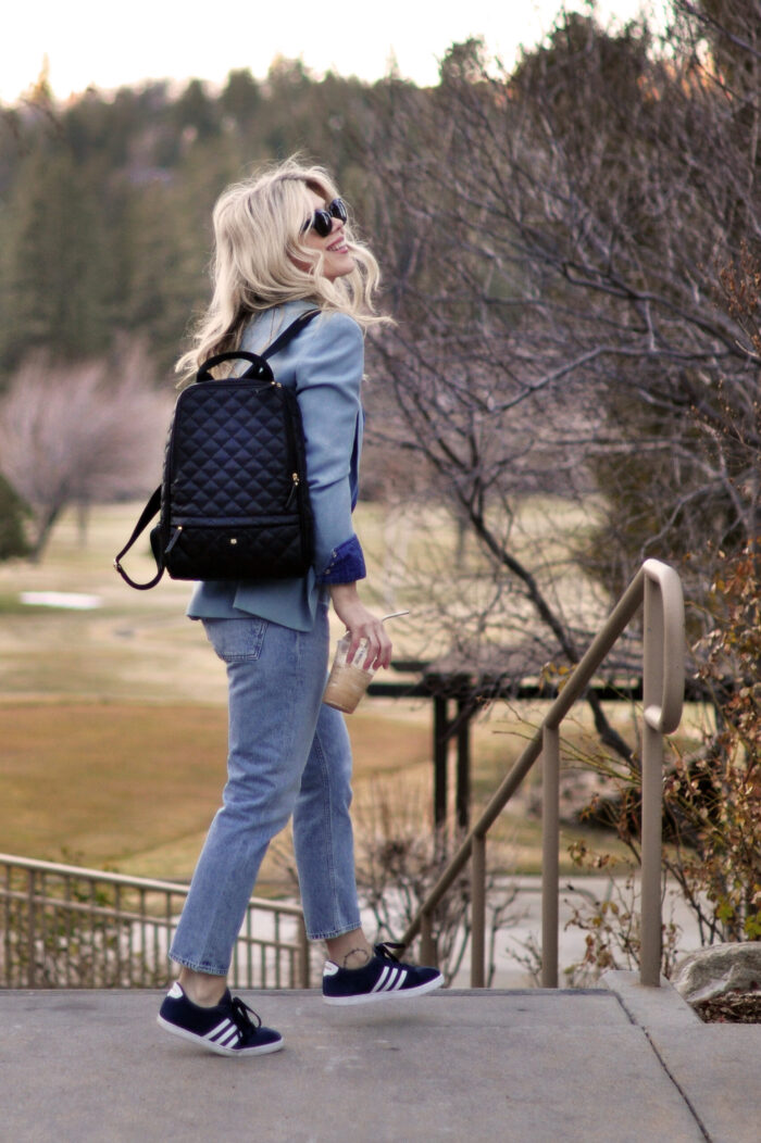 denim on denim look, vintage levis outfit, monochromatic blue outfit, quilted vegan leather backpack, late winter style, golf course lake arrowhead